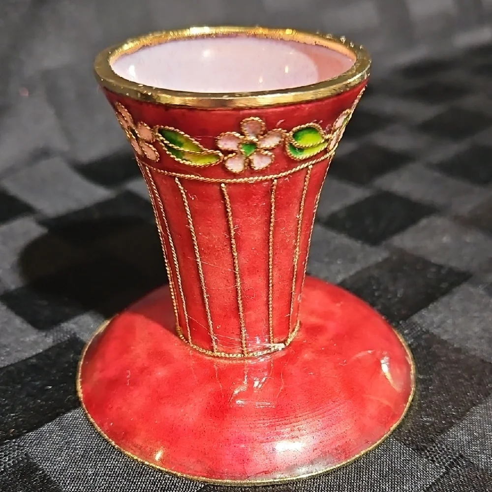 Vintage Chinese Cloisonné Red Enamel Egg Cup / Sake Cup Brass Floral Filigree